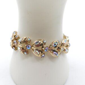 Hollycraft 1955 Gold Tone Bracelet With Aurora Borealis Rhinestones Safety Chain